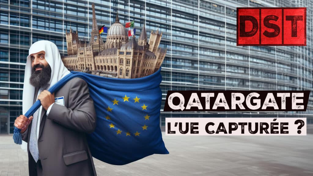 qatari portant un sac dans lequel se trouvent des monuments identifiant des capitales européennes et des drapeaux européens.