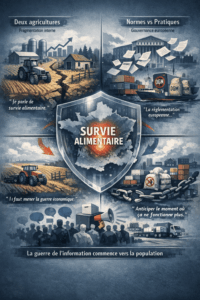 Infographie sur la survie alimentaire en France: deux agricultures, normes européennes, dépendances logistiques et mobilisation citoyenne.