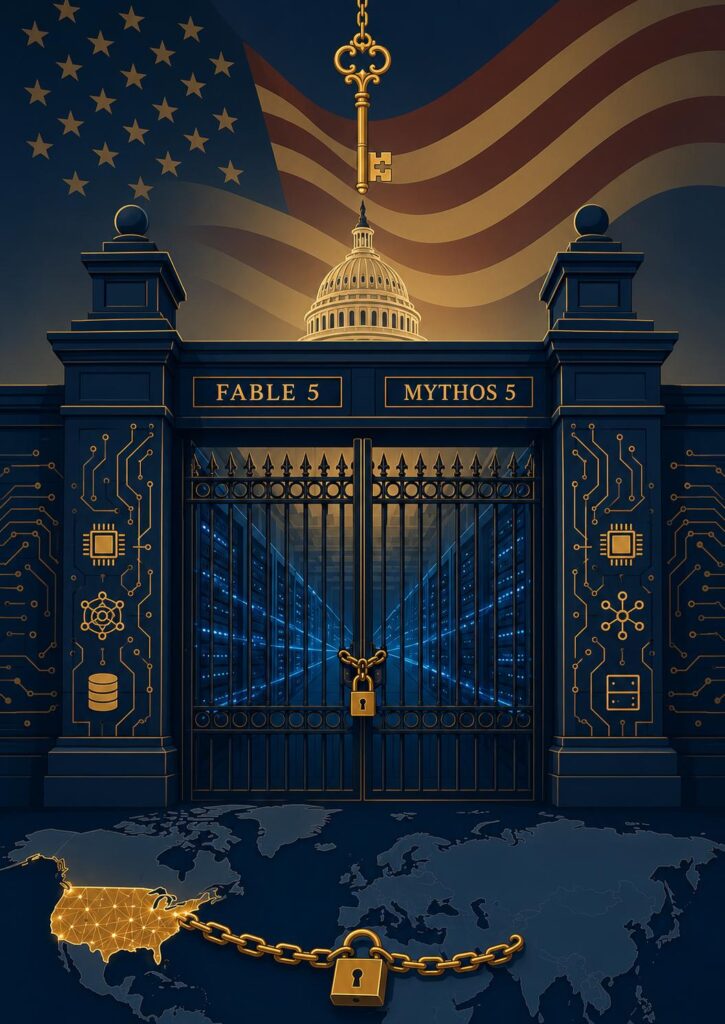 Portail high-tech verrouillé gravé "Fable 5" et "Mythos 5" devant le Capitole et le drapeau américain, clef dorée suspendue au-dessus du dôme, serveurs de data center derrière les barreaux, planisphère où les États-Unis enchaînés au reste du monde brillent en or — allégorie de la souveraineté américaine sur l'intelligence artificielle.